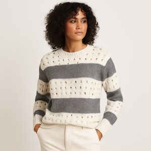 Lush Open Knit Striped Sweater S Soft Cream & Charcoal Coastal Grandma Pullover